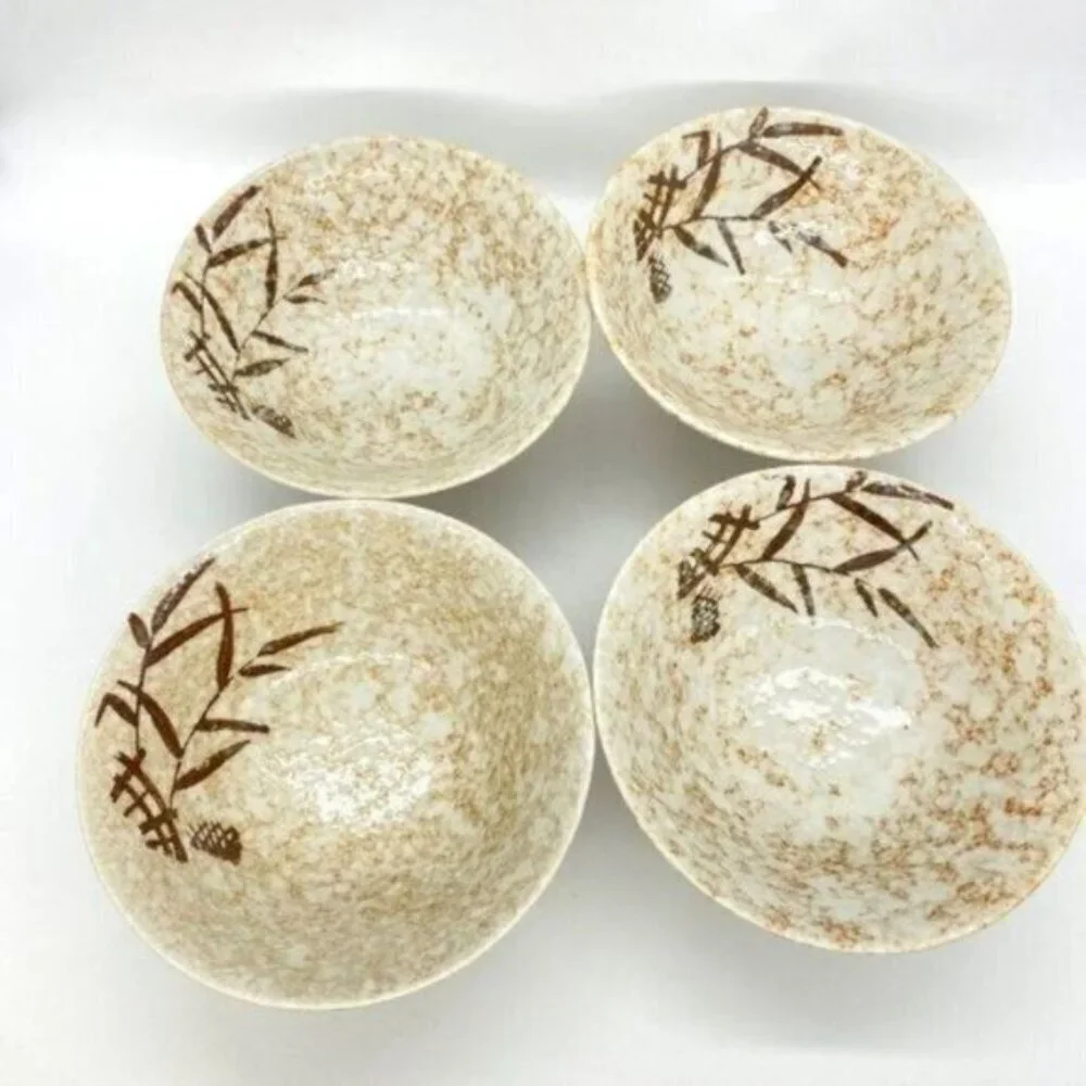 Hand Painted Stoneware Pottery Japan Rice Bowls Set Of 4 Vintage